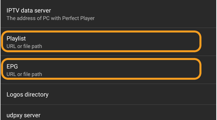 PerfectPlayer-General-Settings-Playlist, and EPG